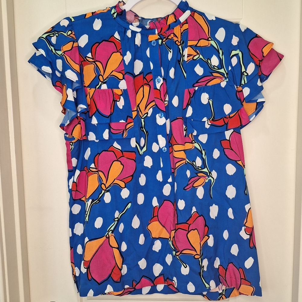 CROSBY by Mollie Burch Ruffle Sleeve Button Top Blue Floral Petal Power Small